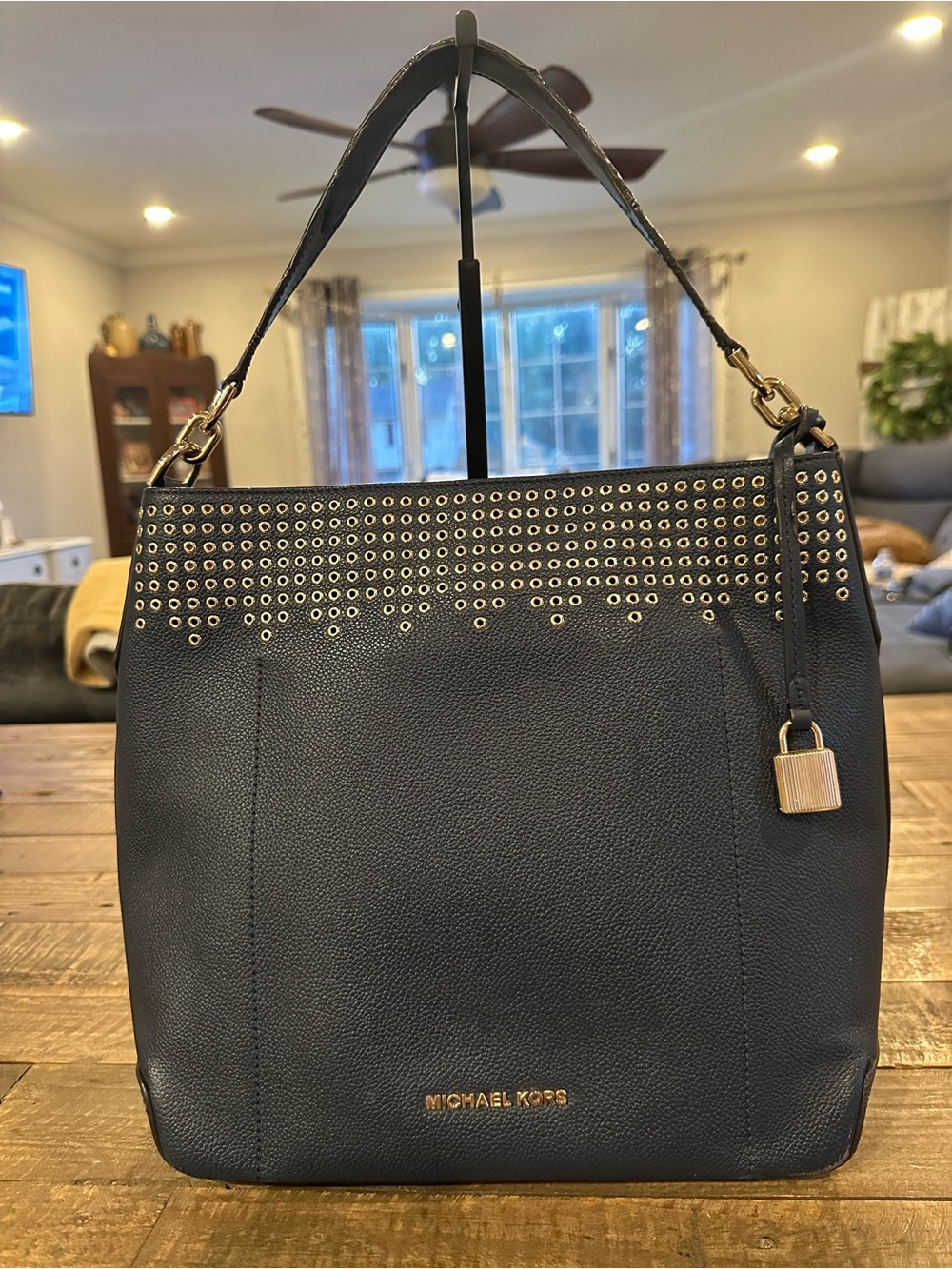 Michael Kors Large Dark Blue Leather Grommet Shoulder Bucket Bag